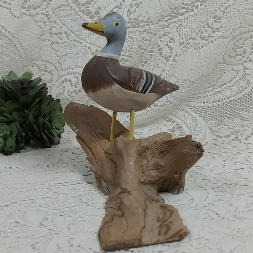 Vintage Handcarved/Painted Wooden Duck Figurine On Driftwood